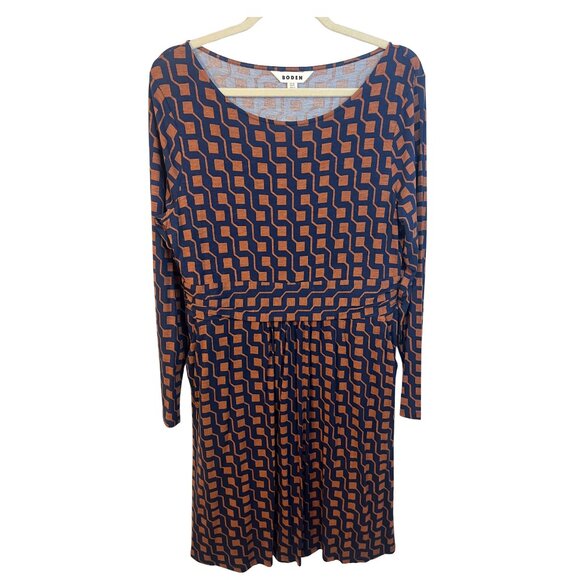 Boden Abigail Long Sleeve Cognac/Navy Geometric print Dress Size 12P - Picture 2 of 5